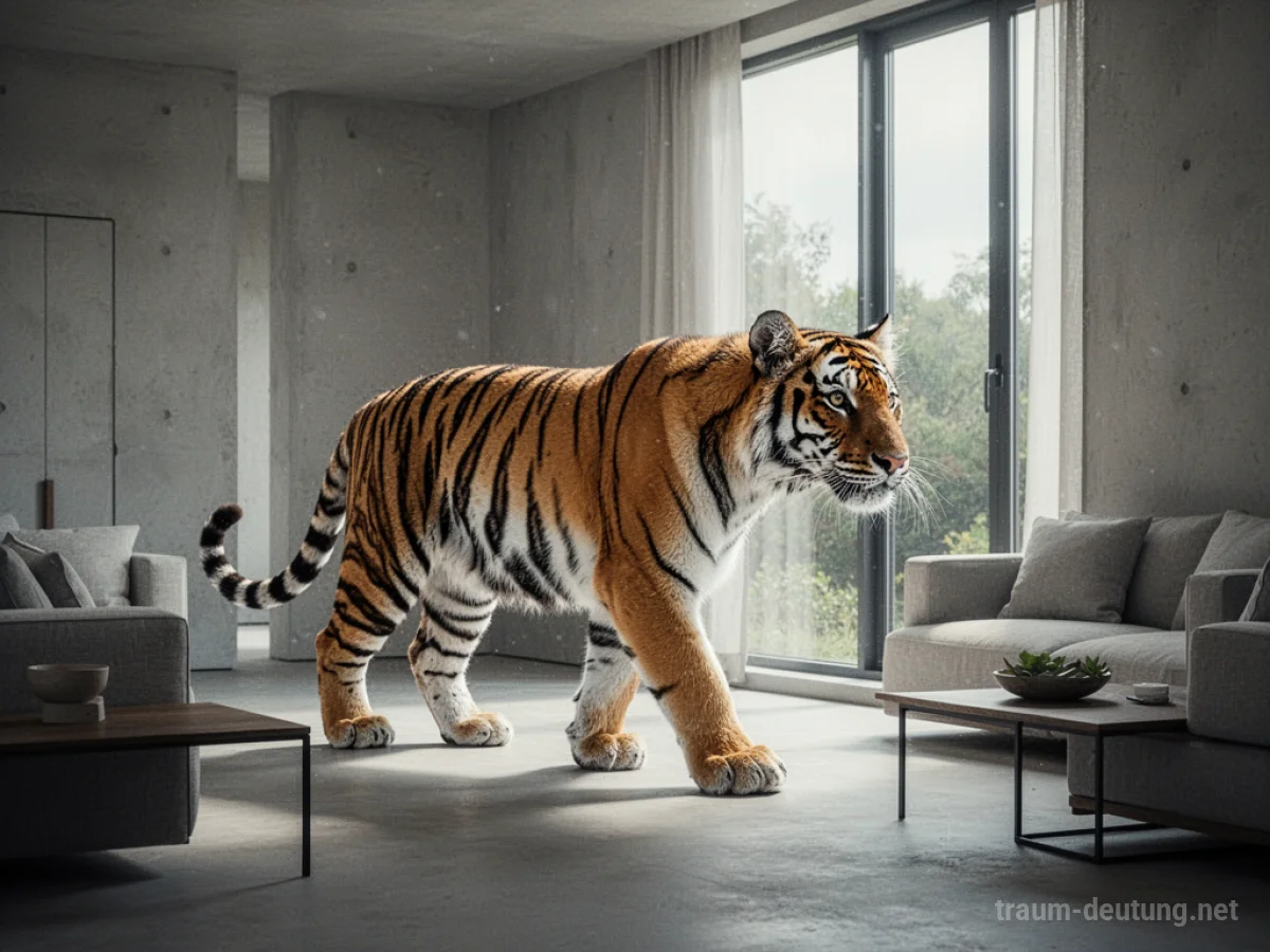 Tiger im Wohnzimmer, der aufmerksam aus dem Fenster blickt.