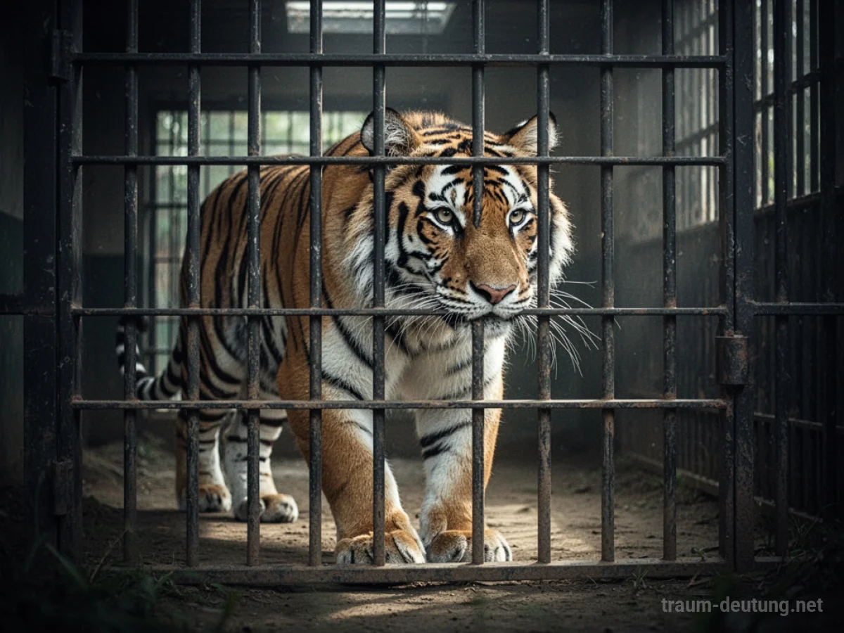 Tiger hinter Gitterstäben eines Käfigs blickt nach draußen