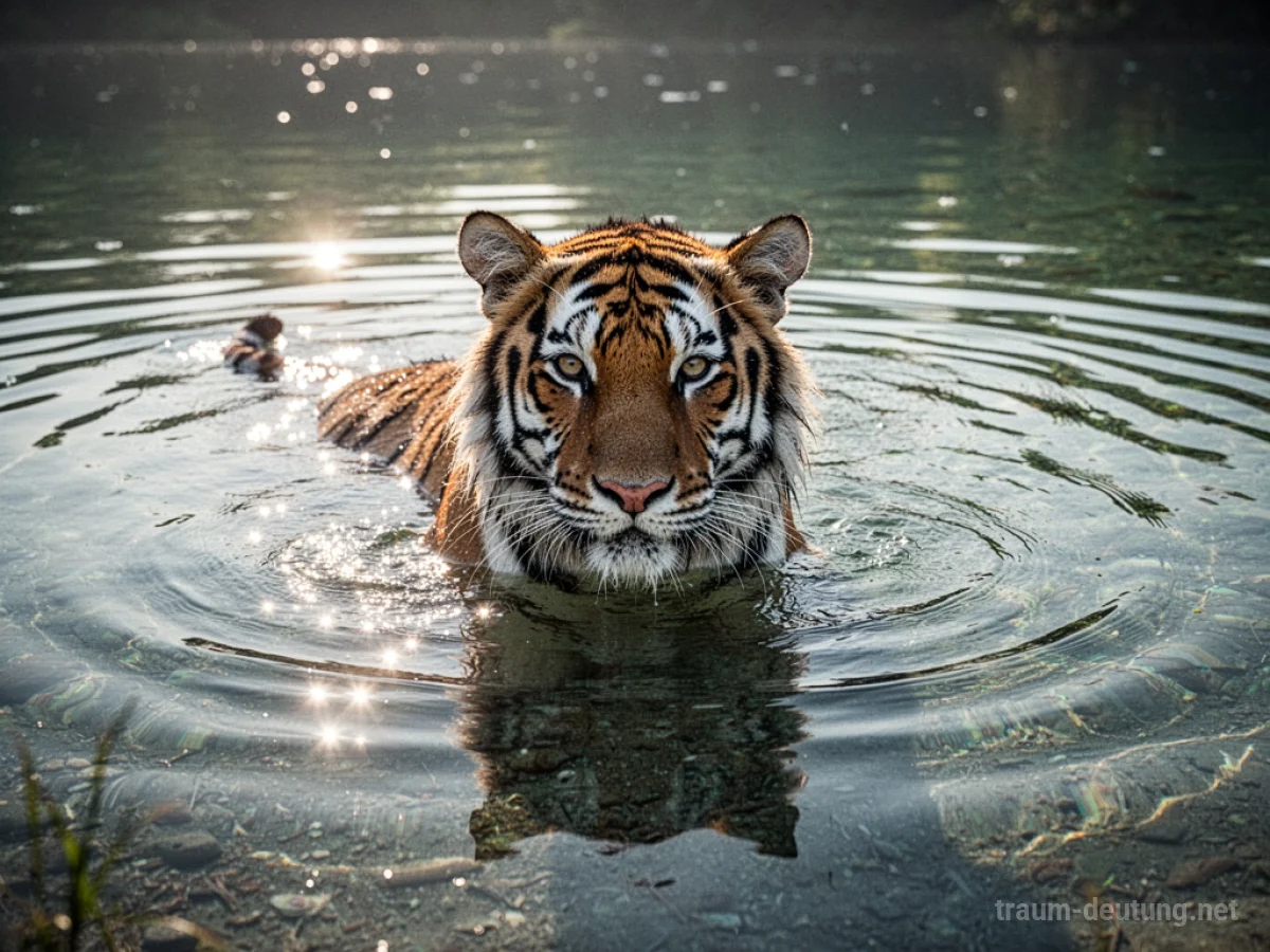 Tiger schwimmt im Wasser, sein Kopf und Oberkörper sind sichtbar.