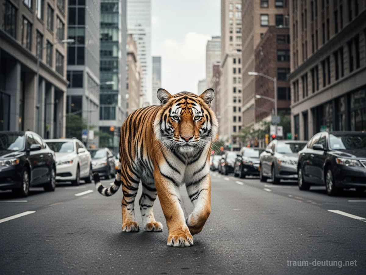 Tiger geht friedlich durch eine Stadtstraße zwischen Gebäuden.
