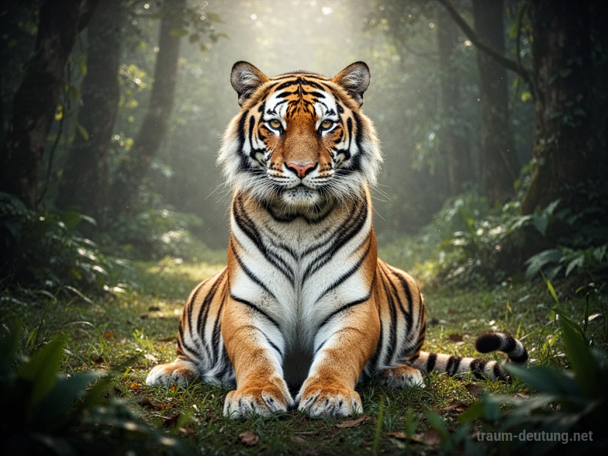 Ein Tiger spricht im Traum, sitzt ruhig und blickt aufmerksam.