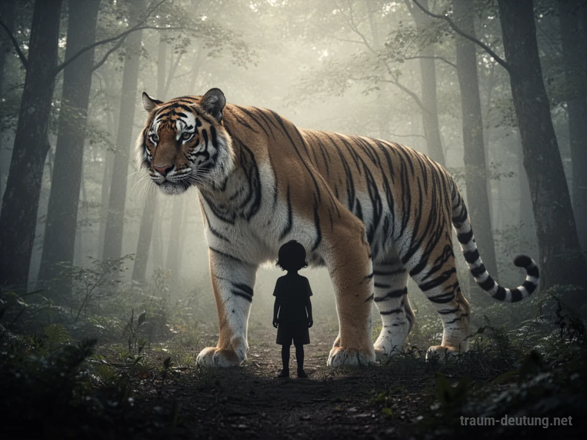 Schatten eines Tigers beschützt Silhouette eines Kindes im Wald
