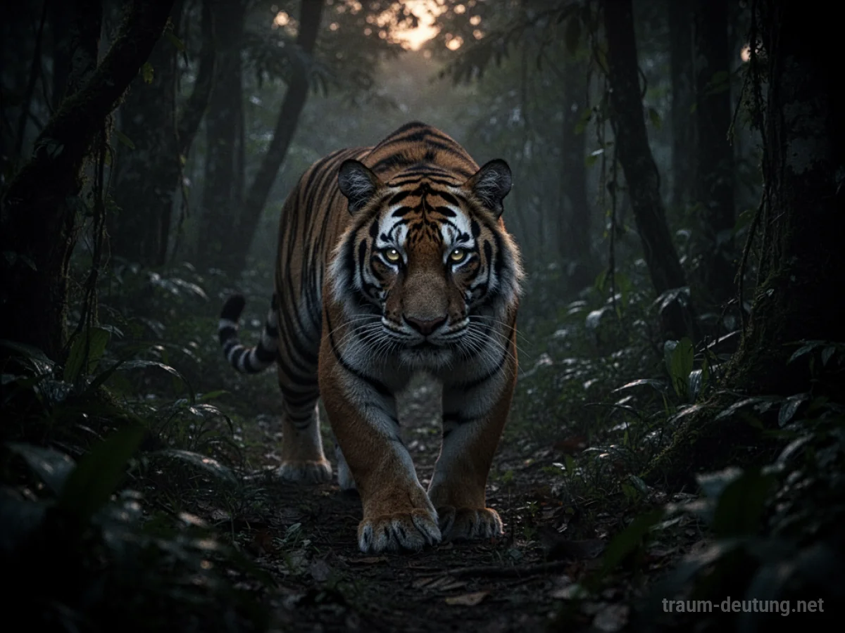 Ein Tiger schleicht im Schatten eines dichten Dschungels