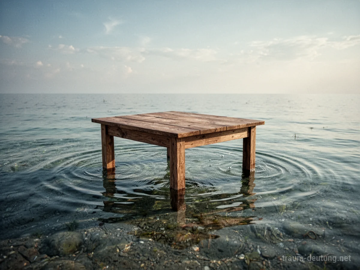 Ein hölzerner Tisch schwimmt auf ruhigem Wasser.