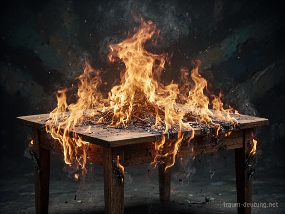 Ein Holztisch steht in Flammen, die sich auf der Oberfläche ausbreiten.