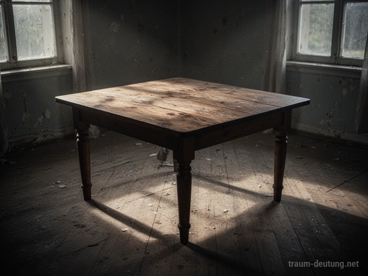 Ein Holztisch, der im Traum kleiner wird, mit schwindenden Rändern und langen Schatten.