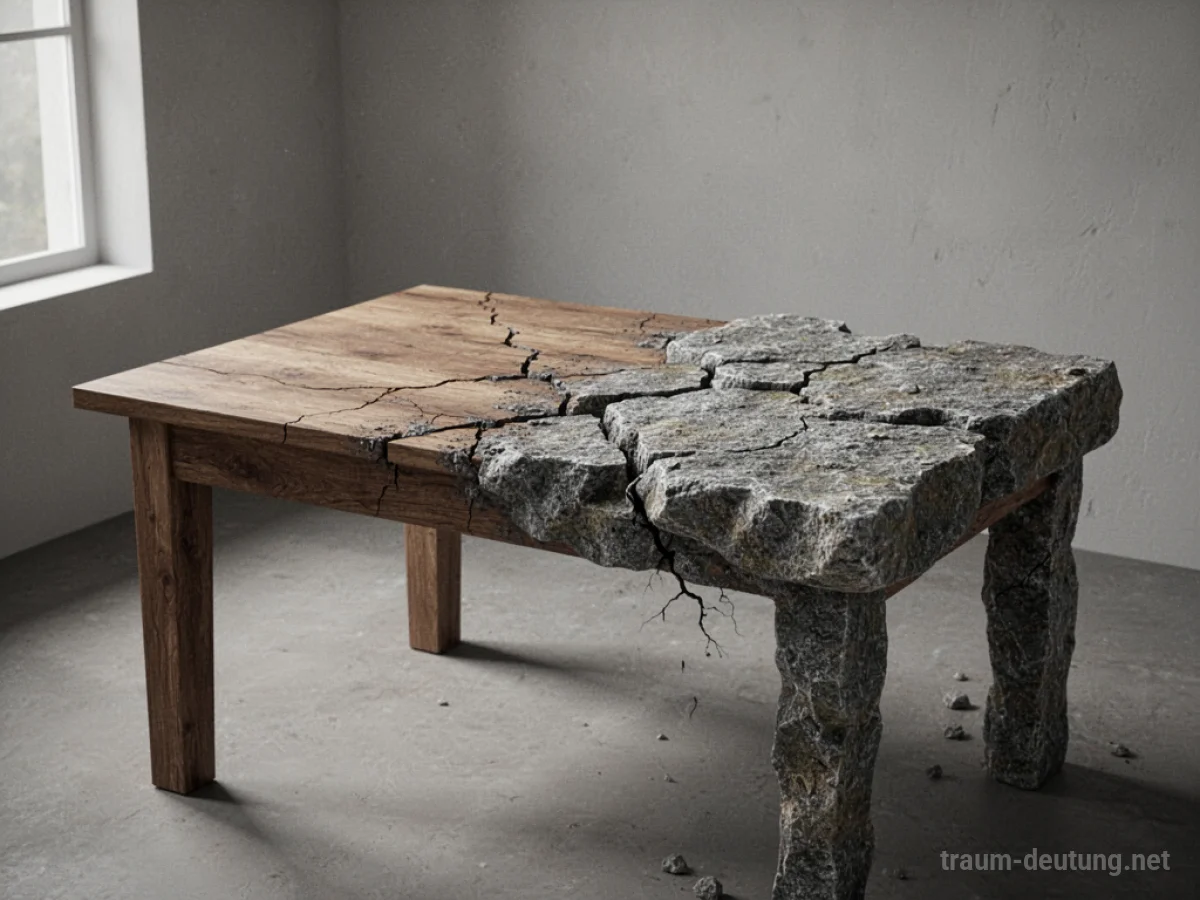 Ein Holztisch, dessen Oberfläche sich in Stein verwandelt, mit Rissen im Material.