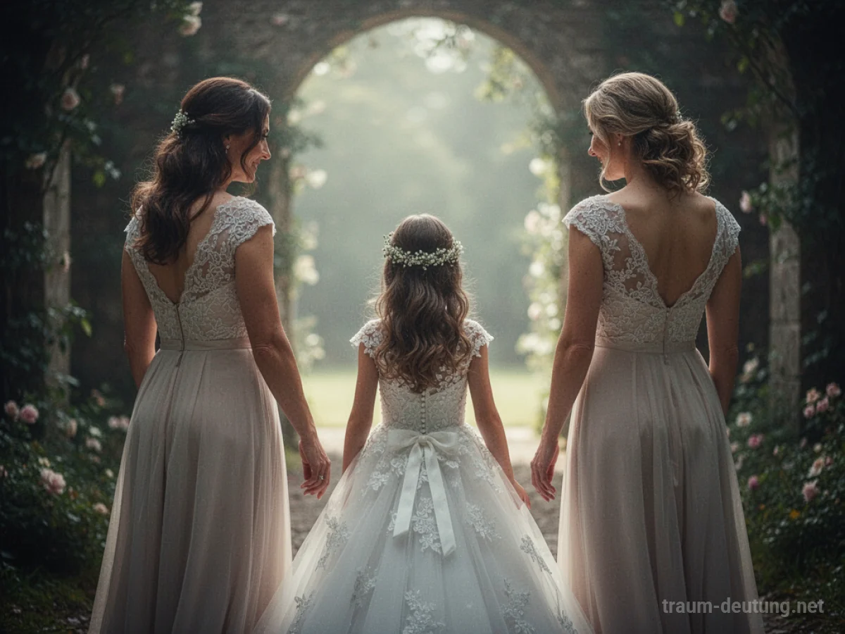 Mutter beobachtet Tochter in Hochzeitskleid auf dem Weg zum Altar.