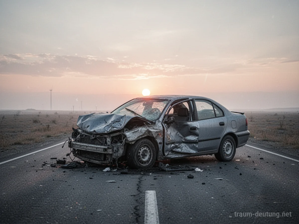 Zerknautschtes Auto auf einsamer Straße bei Sonnenaufgang