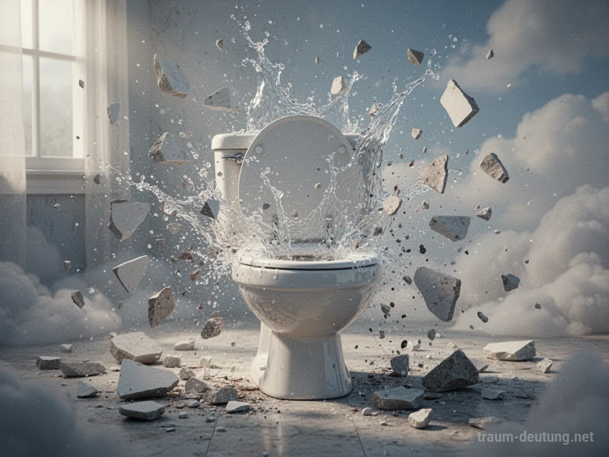 Eine explodierende Toilette im Traum, mit Trümmern und Wasser, die in die Luft fliegen.