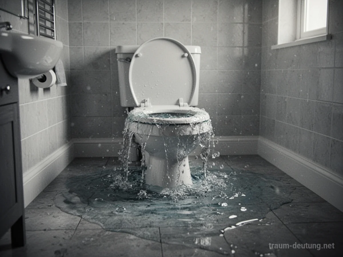 Eine auslaufende Toilette im Badezimmer, Wasser breitet sich auf dem Boden aus.