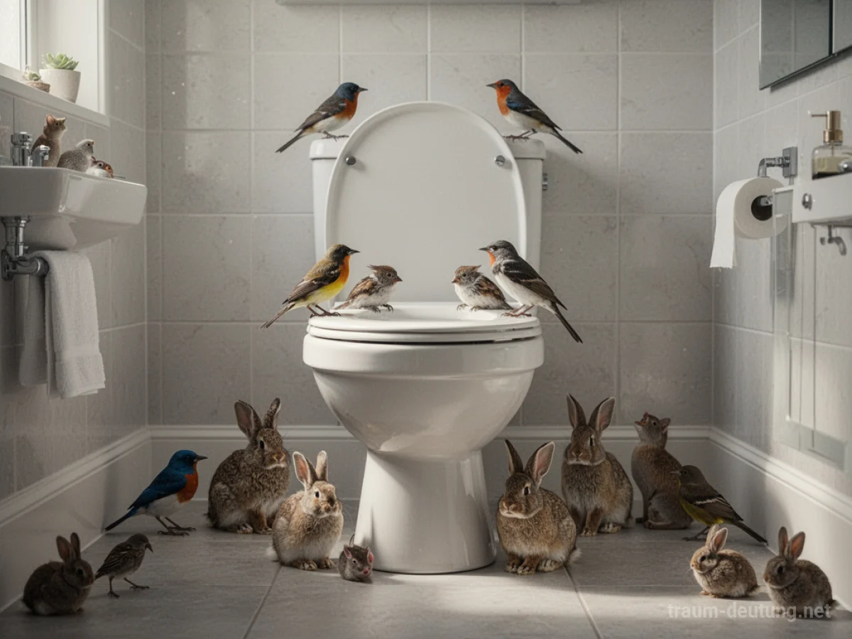 Eine Toilette mit einigen harmlosen Tieren wie Vögeln und Kaninchen drumherum in einem Badezimmer.