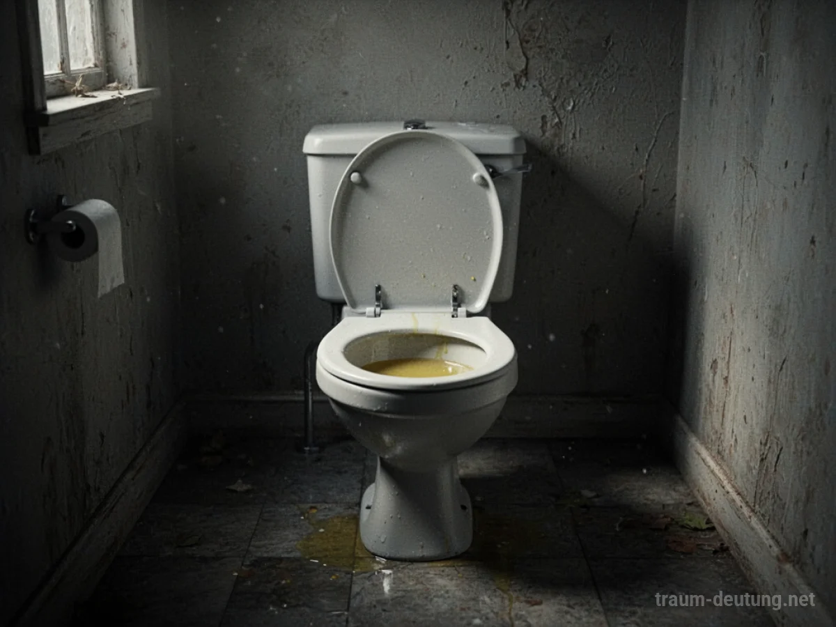 Eine einzelne Toilette in einem schwach beleuchteten Raum, mit leicht gelblicher Flüssigkeit im Becken.