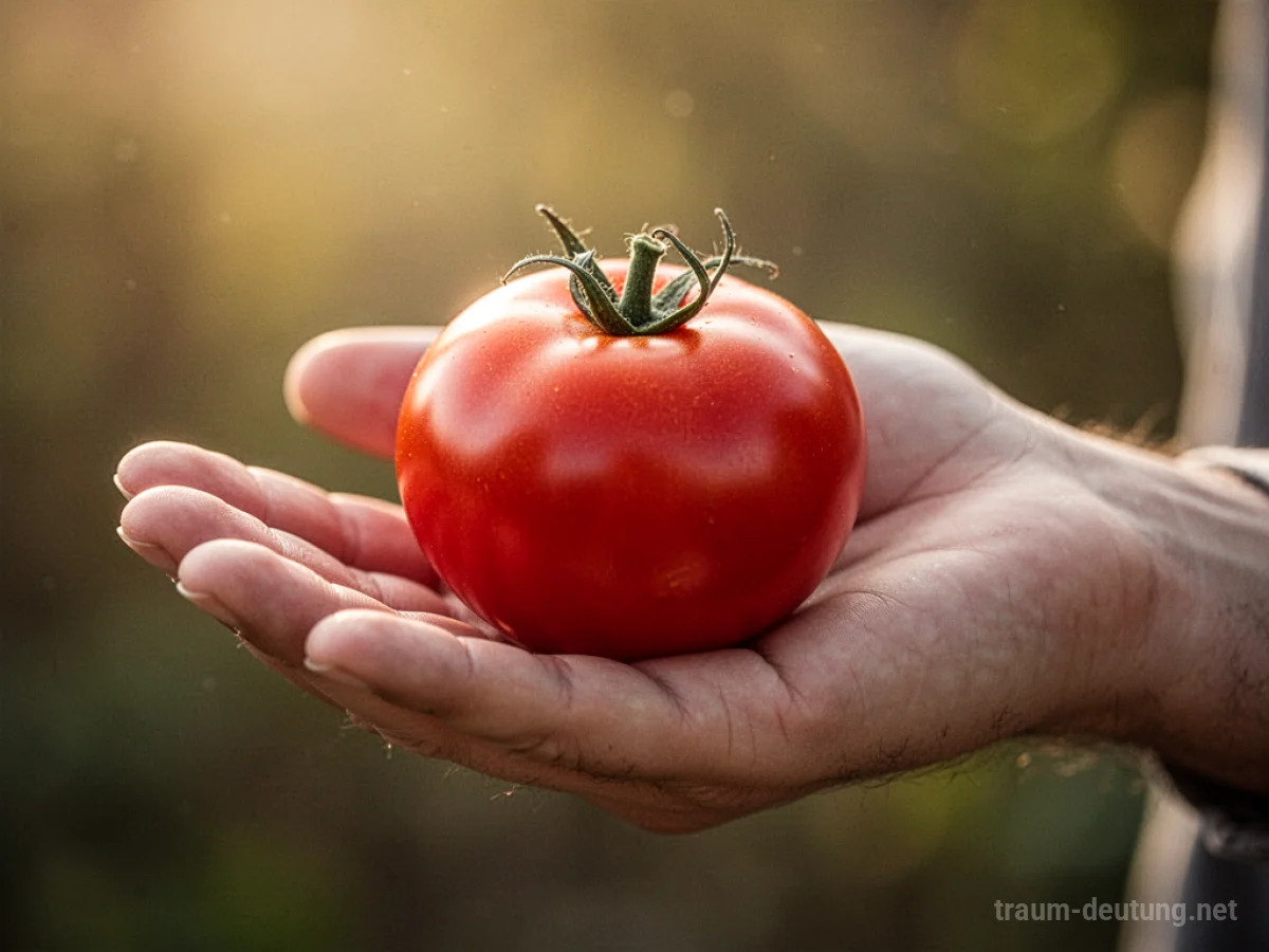 Eine einzelne, reife rote Tomate wird in eine Hand gelegt.
