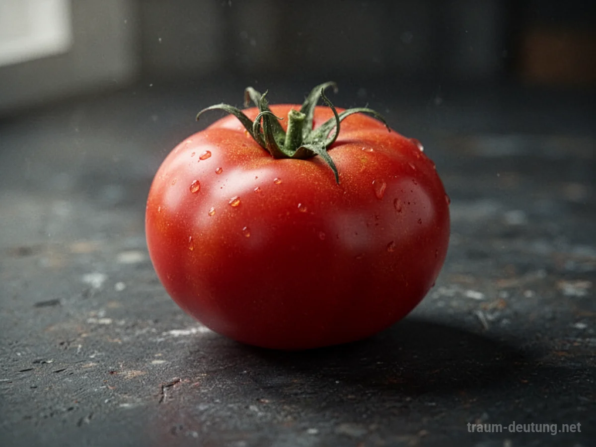 Eine reife rote Tomate liegt auf dunkler Oberfläche.