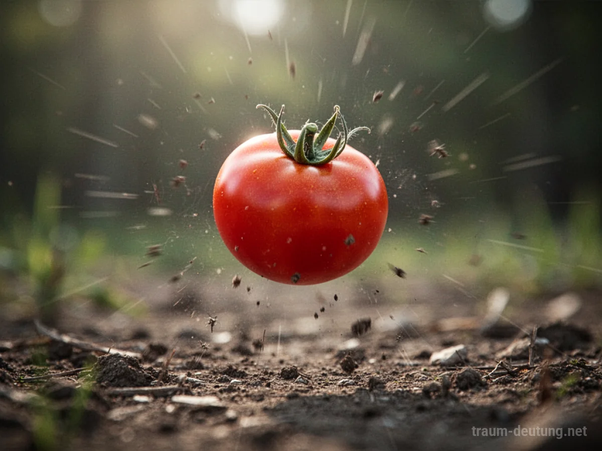 Eine rote Tomate fällt aus großer Höhe auf den Boden.