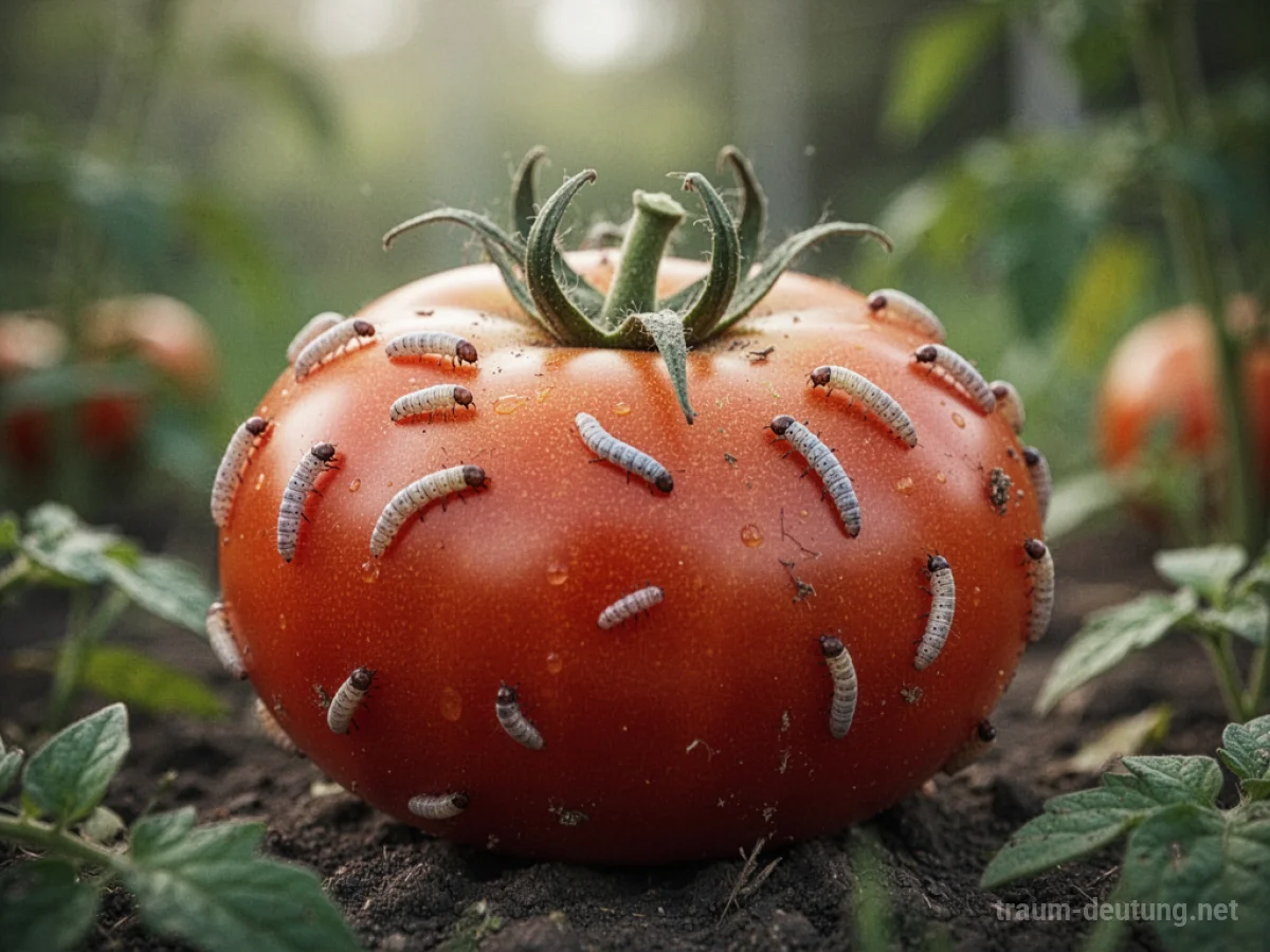 Reife Tomate mit kleinen Würmern auf der Oberfläche, im sanften Licht.