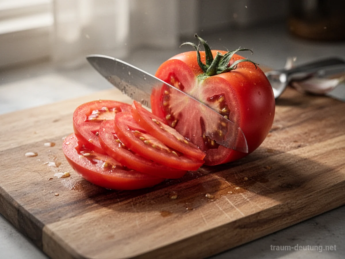 Reife Tomate wird auf einem Holzbrett durchgeschnitten