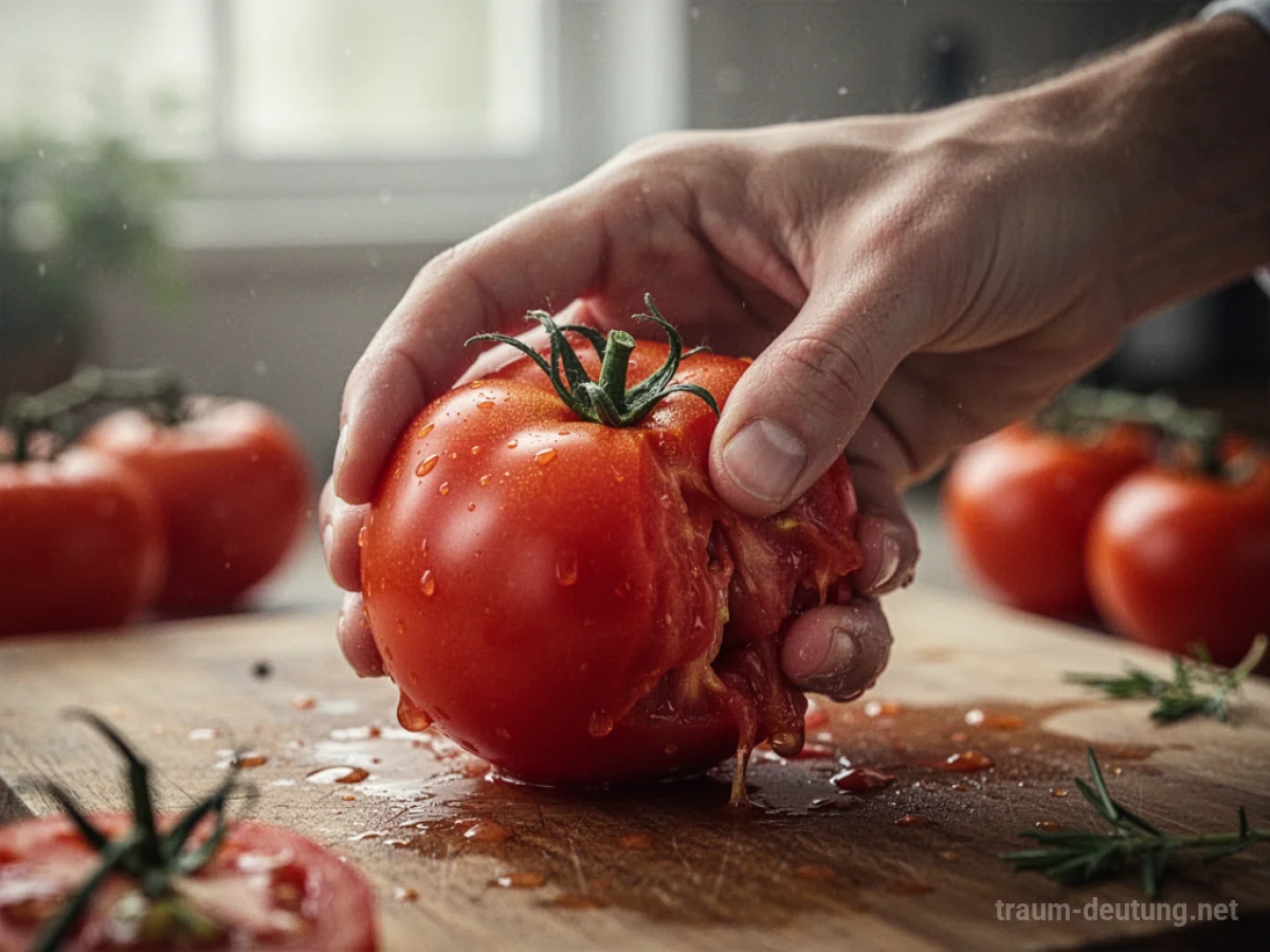 Eine Hand zerdrückt eine reife Tomate.