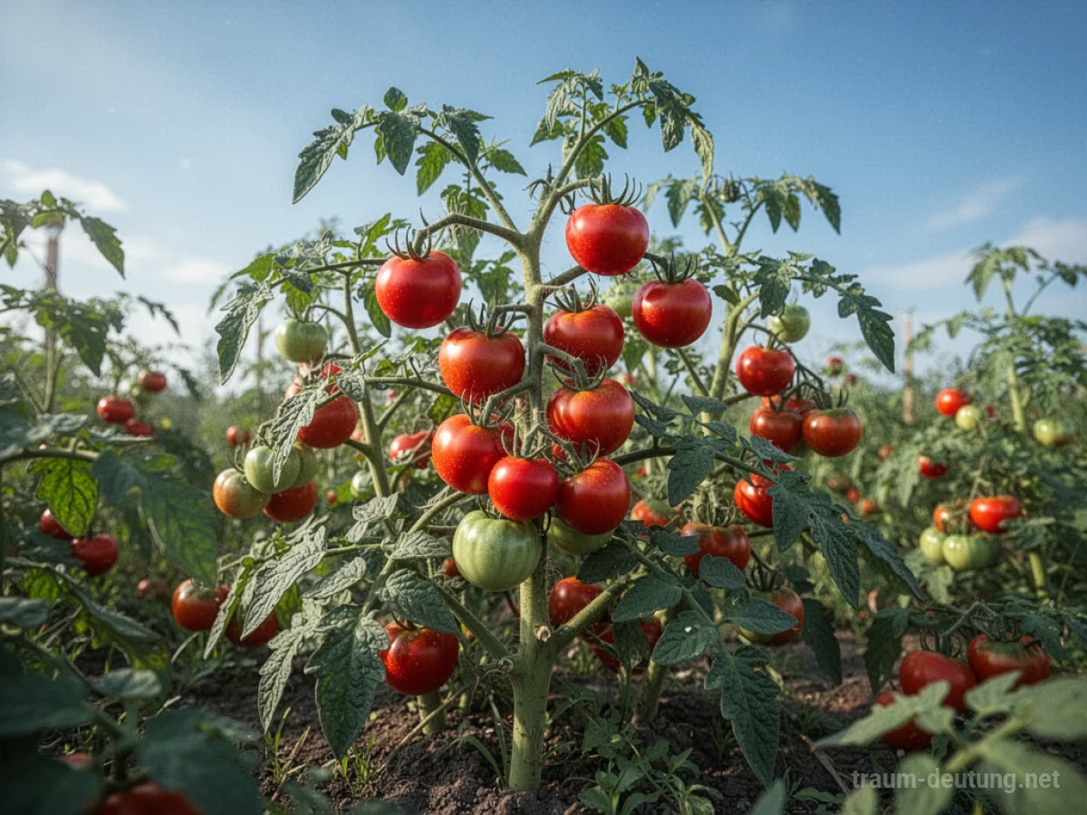 Reife rote Tomaten hängen an den Zweigen einer grünen Pflanze.