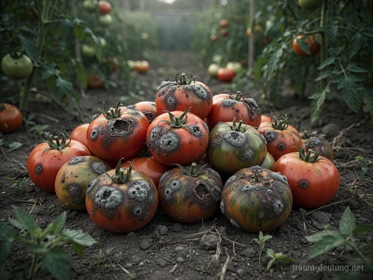 Verrottete Tomaten liegen auf dem Boden, umgeben von welken Blättern.