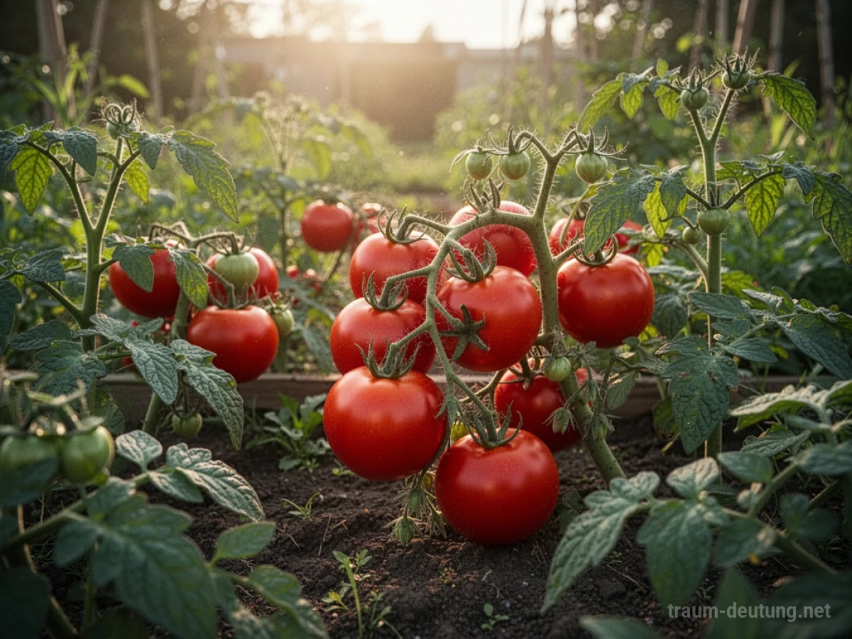 Reife rote Tomaten an Pflanzen in einem sonnigen Gartenbeet.