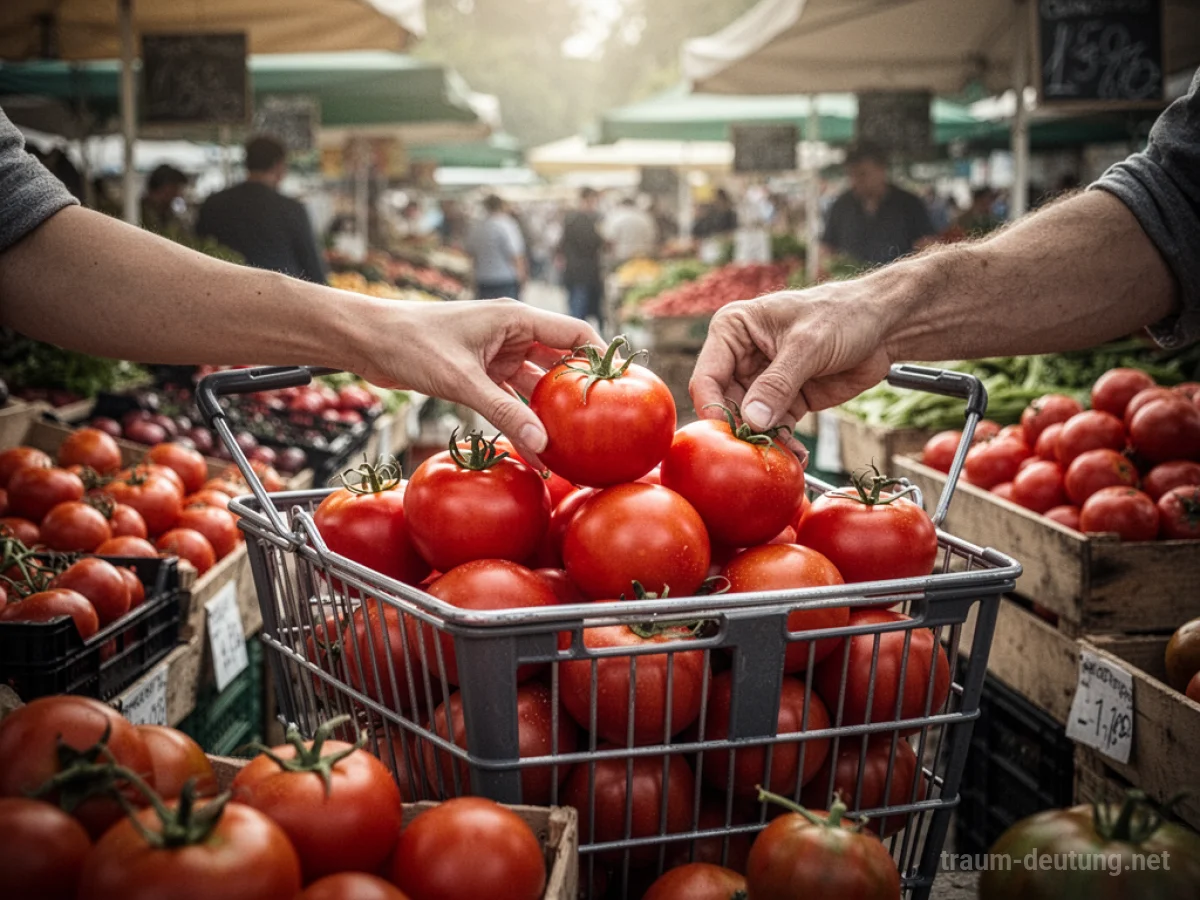 Reife rote Tomaten werden in einen Einkaufskorb gelegt.