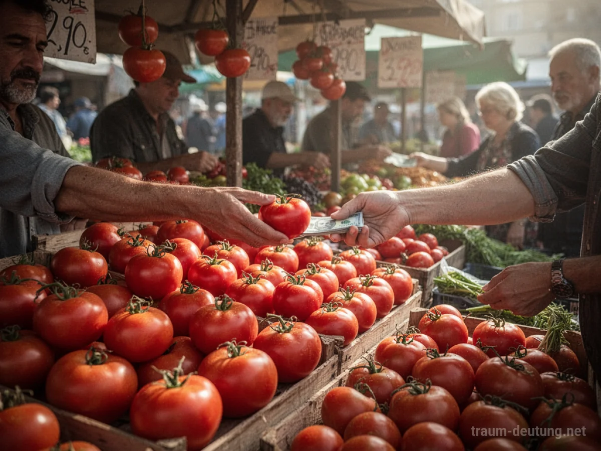 Marktstand mit reifen Tomaten, Hände tauschen Geld gegen Gemüse