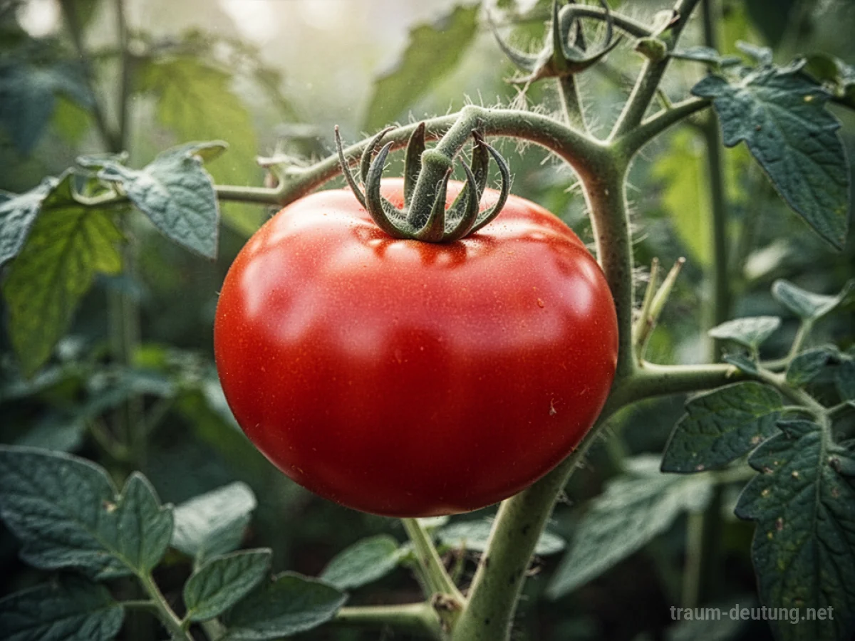 Eine rote Tomate wächst rasant an einem grünen Stiel.