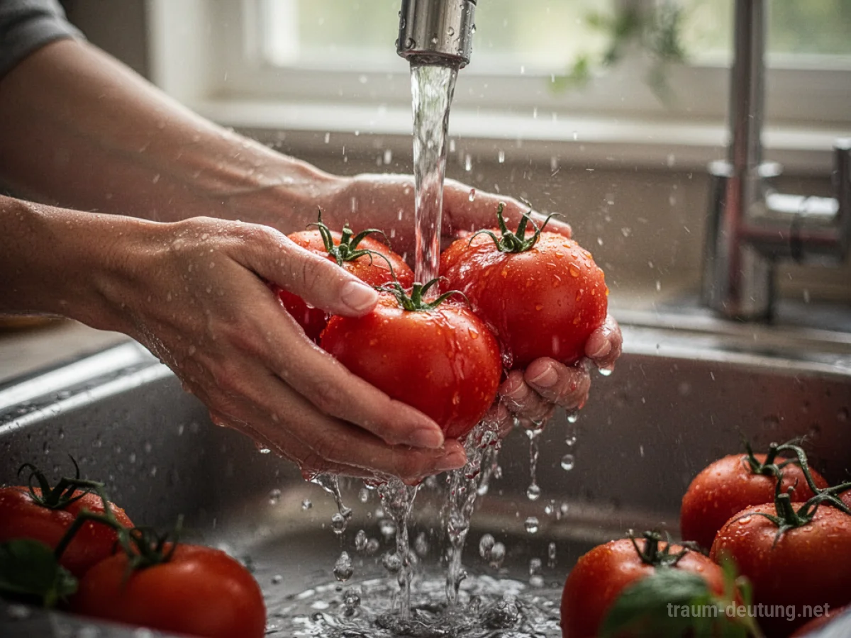 Hände waschen rote Tomaten unter klarem Wasser.