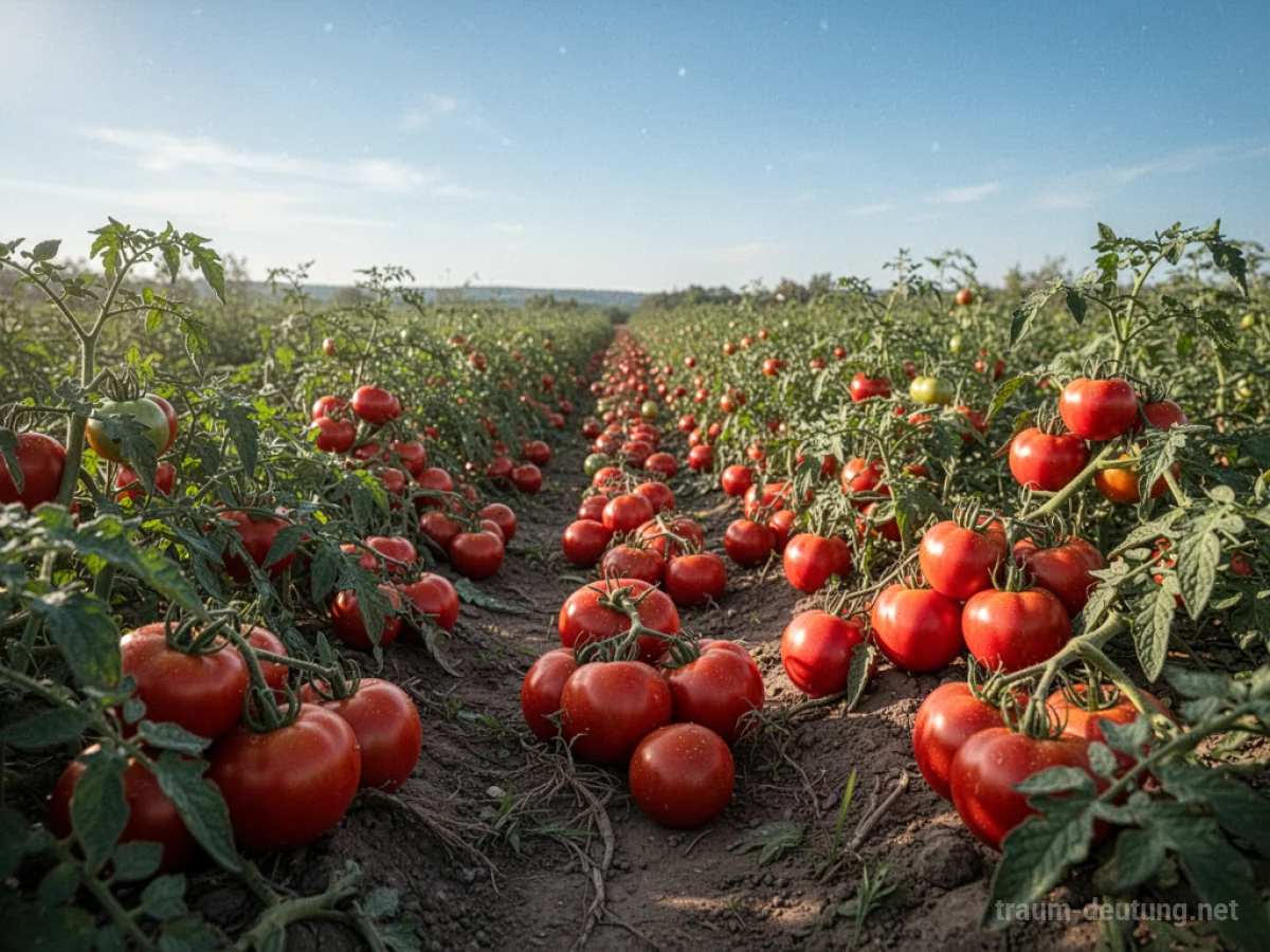 Weites Feld voller reifer Tomatenpflanzen unter strahlendem Sonnenschein.
