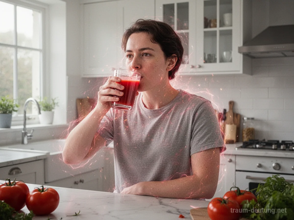 Person trinkt ein Glas Tomatensaft in einer hellen Küche.
