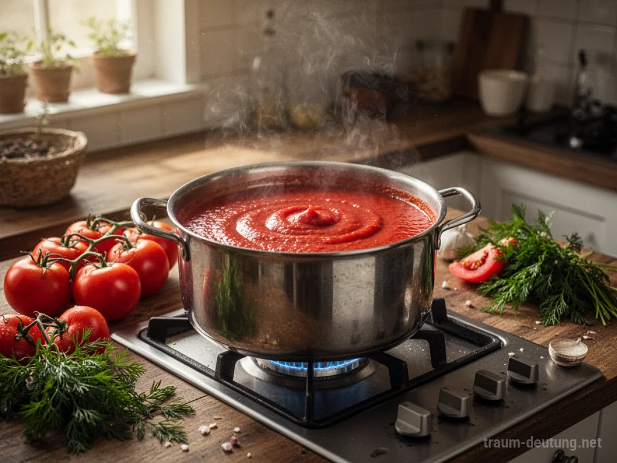 Ein Topf mit köchelnder Tomatensoße auf einem Herd in einer gemütlichen Küche.