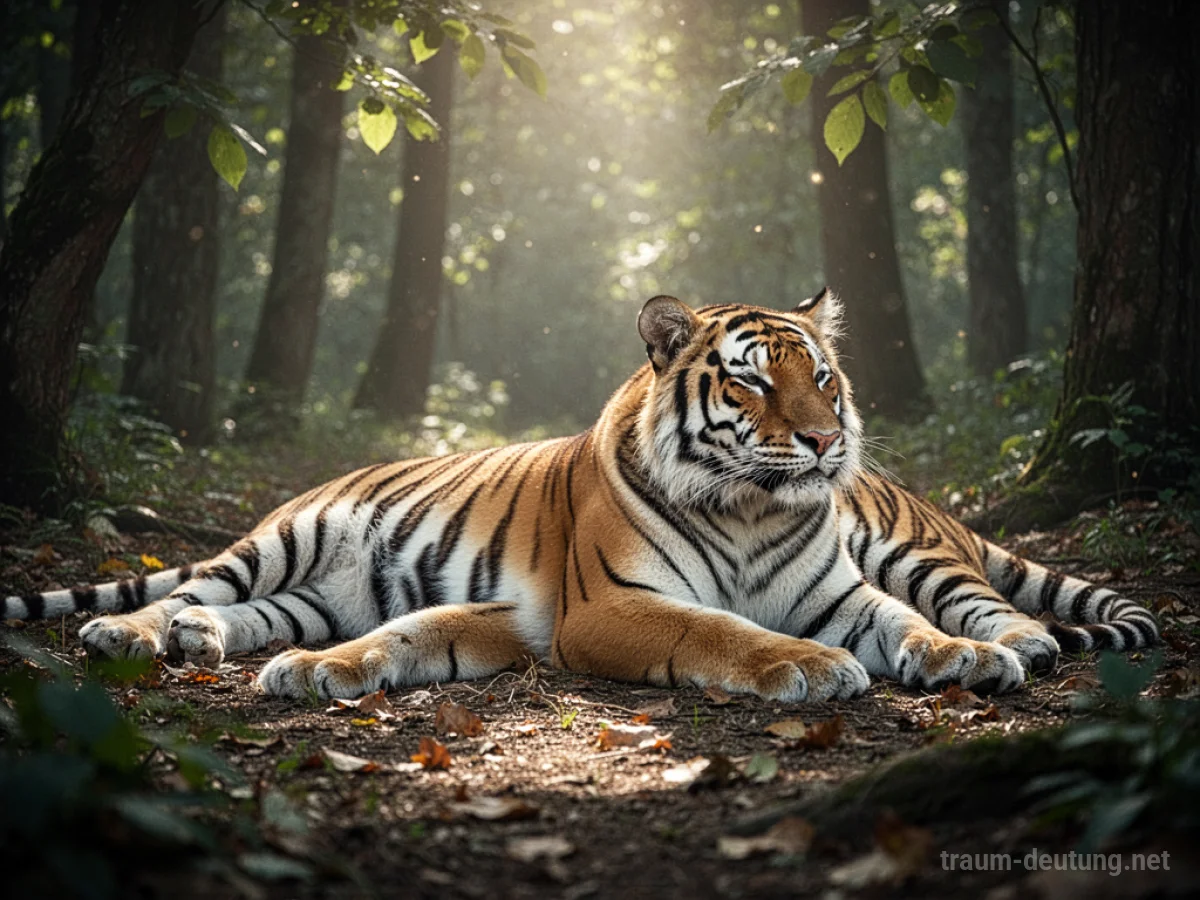 Ein toter Tiger liegt friedlich im Sonnenlicht auf Waldboden.