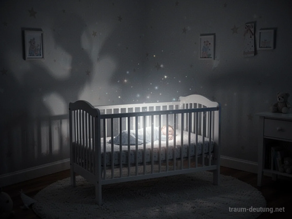 Eine Wiege in einem schattigen Kinderzimmer mit einem sanften Leuchten.