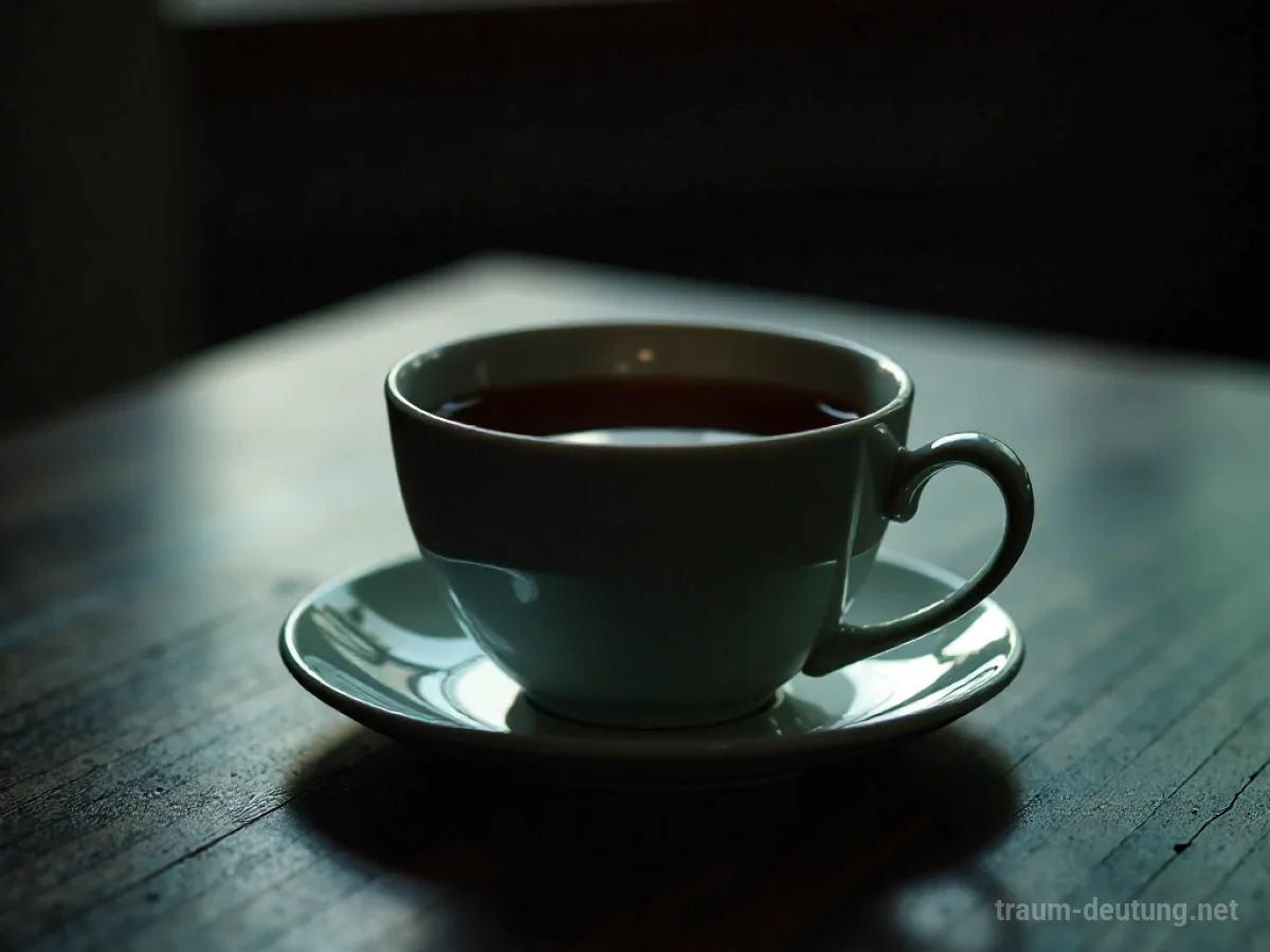 Eine Tasse bitteren Tees auf einem Tisch im gedämpften Licht.