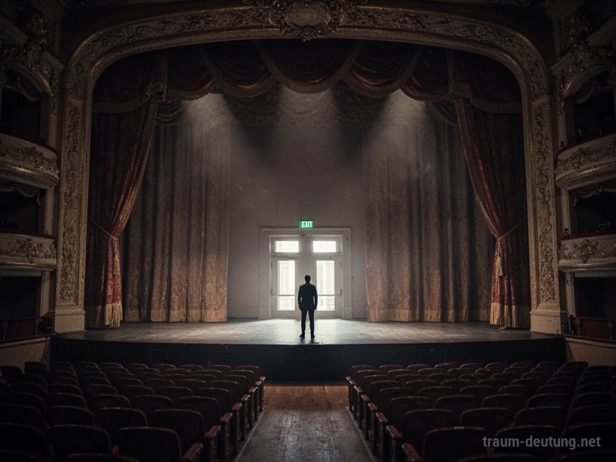 Eine einzelne Person steht auf einer Theaterbühne und kann den Ausgang nicht erreichen.