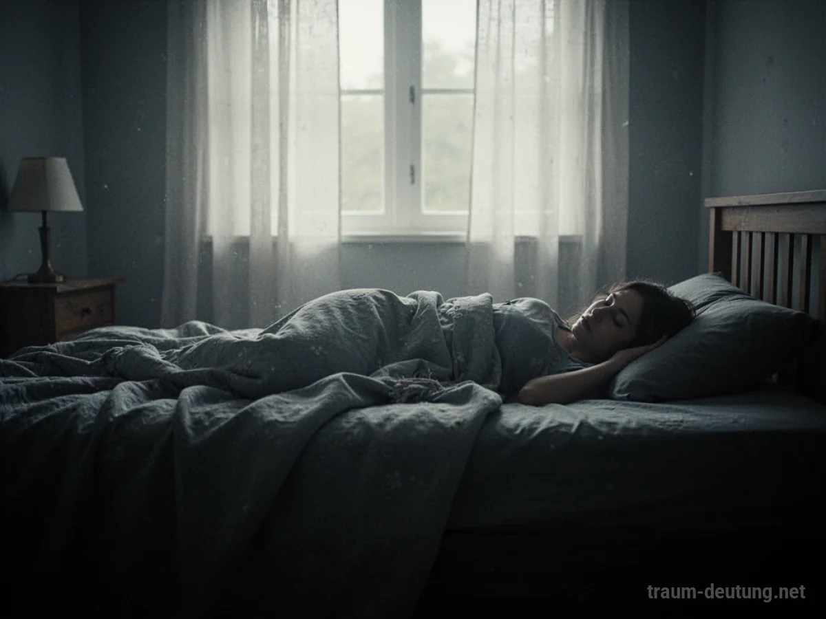 Silhouetten einer Person, die leblos auf einem Bett liegt, aus der Ferne betrachtet.