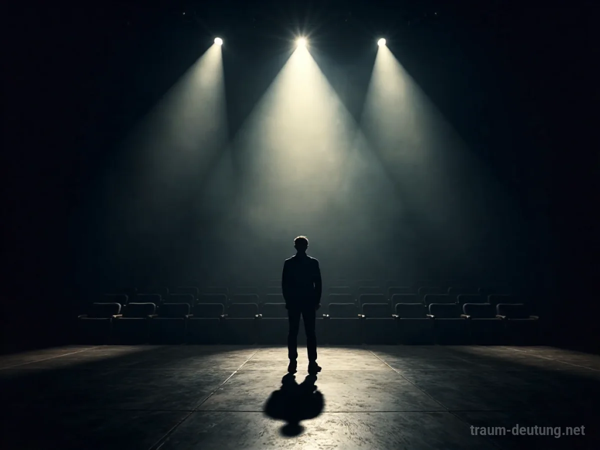 Eine einzelne Person steht im Scheinwerferlicht auf einer leeren Theaterbühne.