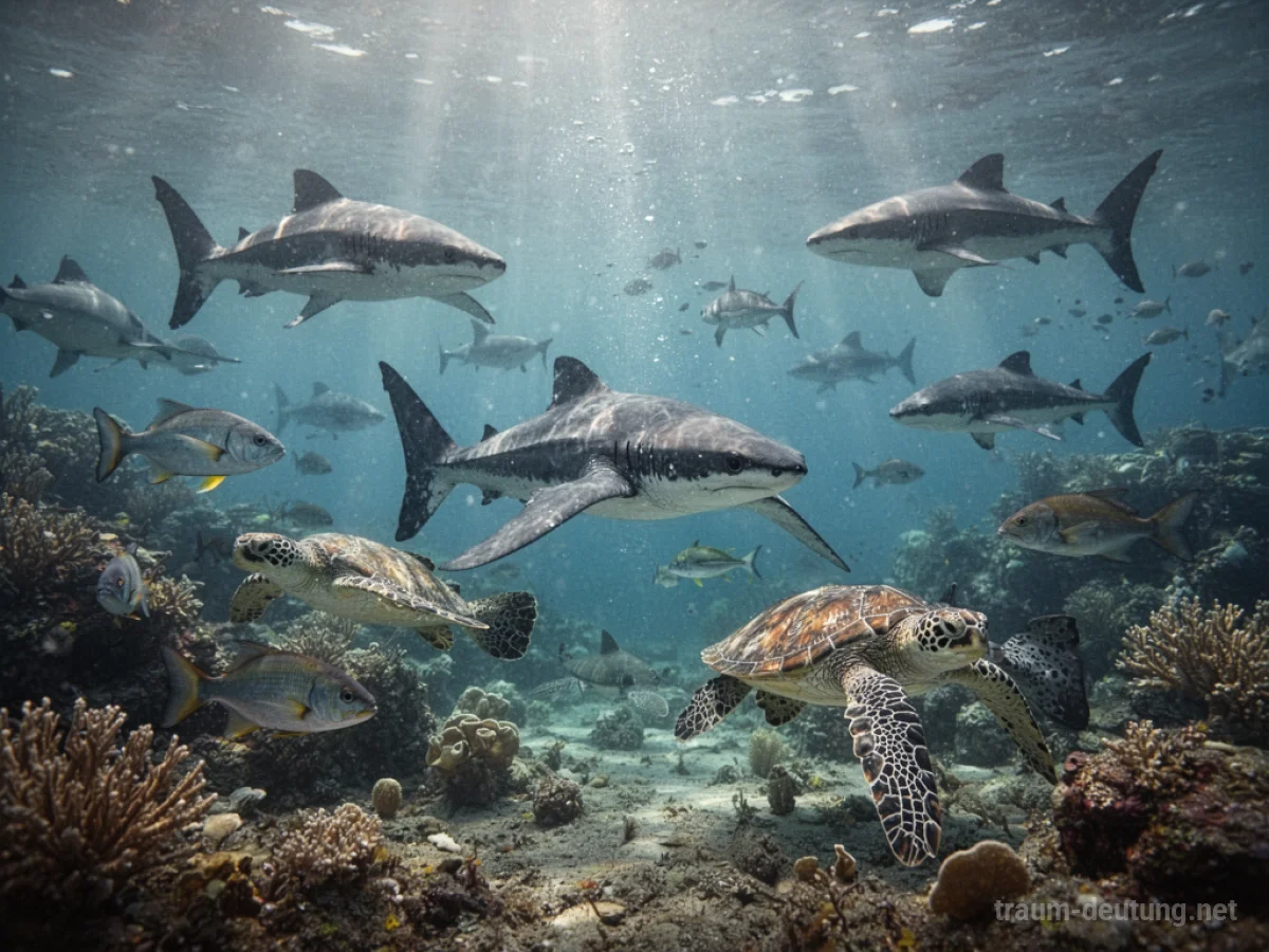 Verschiedene Tiere schwimmen friedlich unter Wasser.