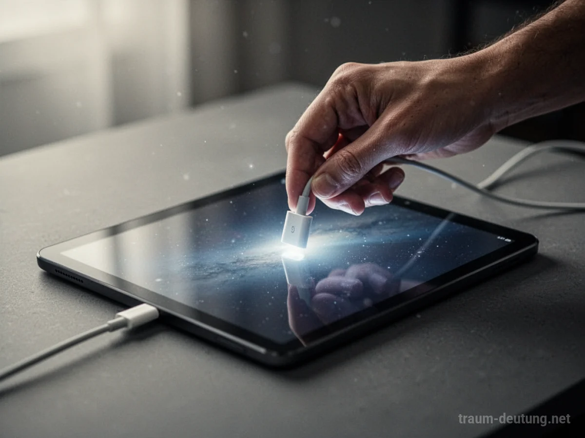 Ein Tablet wird mit einem Ladekabel verbunden, der Bildschirm leuchtet sanft.