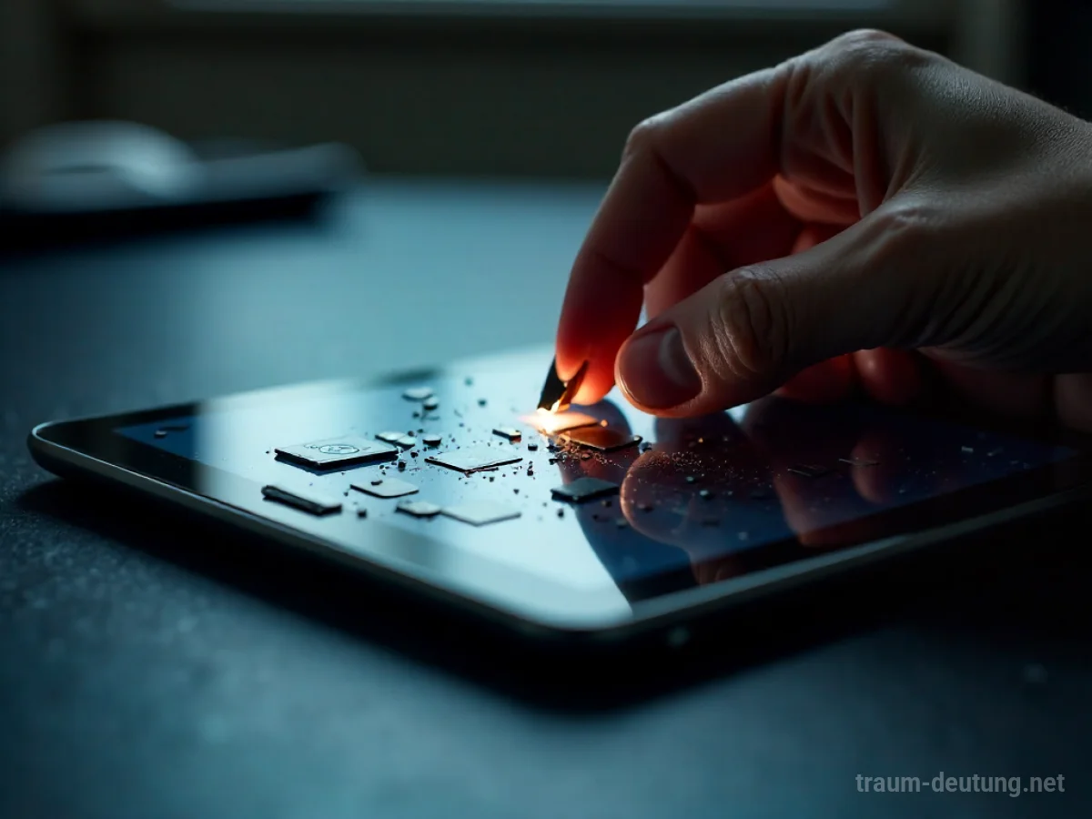 Eine Hand repariert ein zerbrochenes Tablet, wobei die inneren Schaltkreise sichtbar sind.