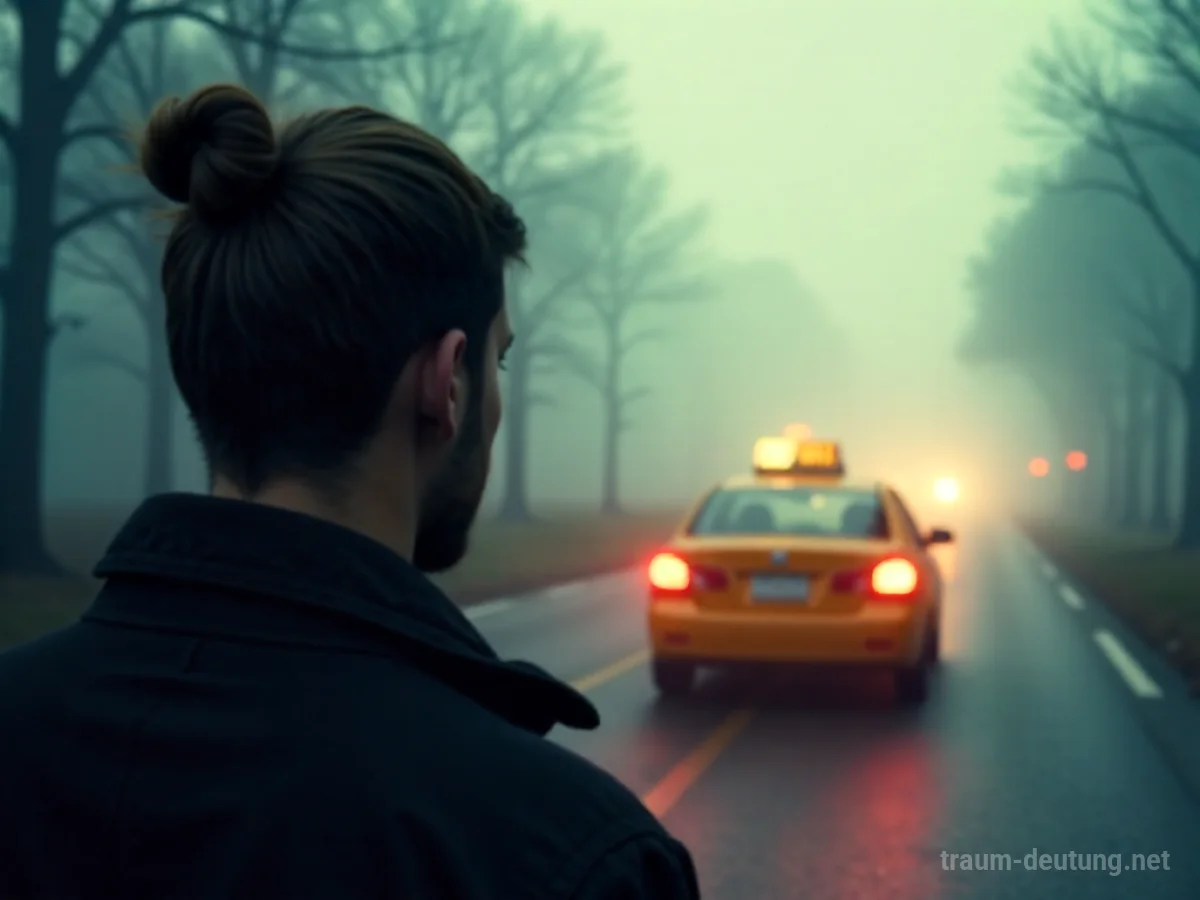 Ein Taxi fährt in eine neblige Landschaft, eine Person blickt nach.