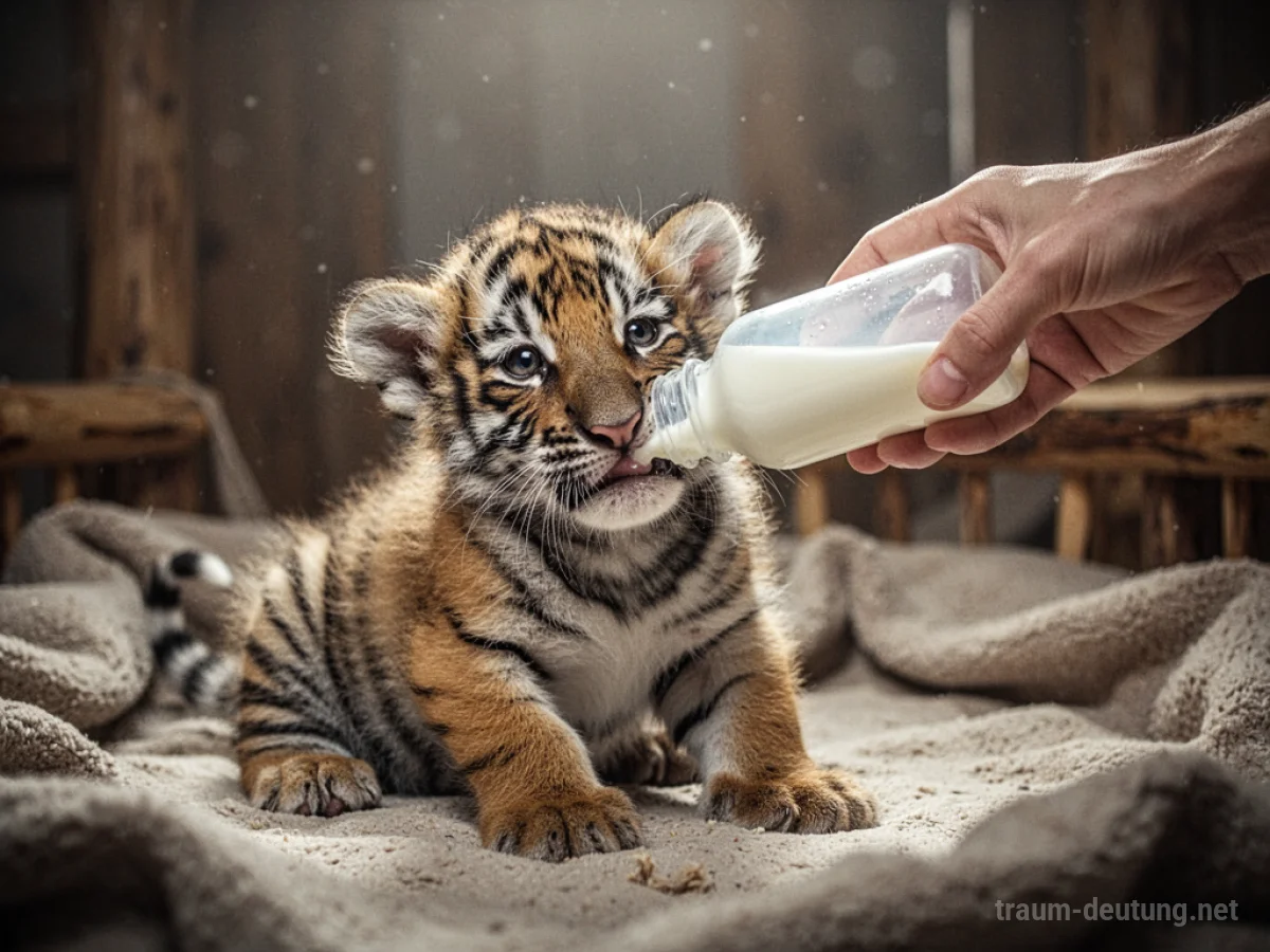 Ein Mensch füttert ein kleines Tigerbaby mit einer Flasche.