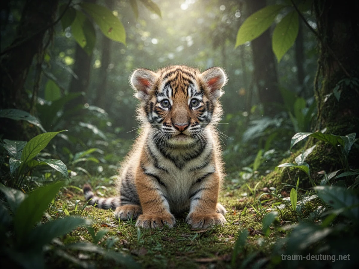 Ein niedliches Tigerbaby sitzt in einer grünen Dschungellichtung.
