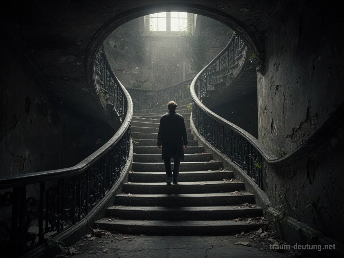 Eine Person steigt eine dunkle Treppe hinauf, Licht am oberen Ende.