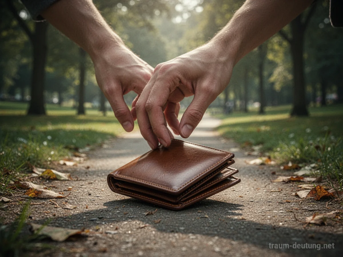 Eine Hand hebt eine gefundene Geldtasche vom Boden auf.