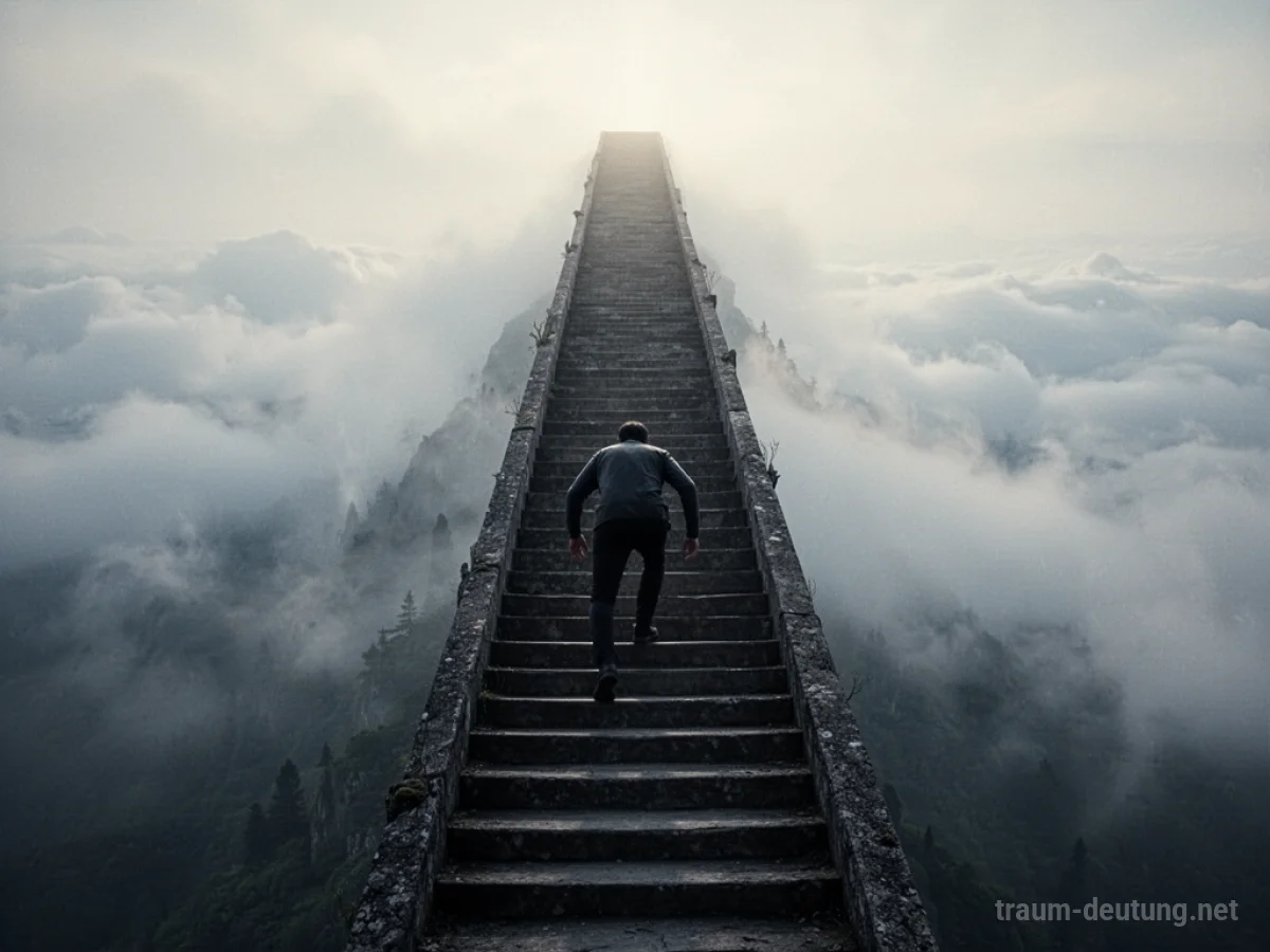 Silhouette einer Person, die eine extrem steile und hohe Treppe emporsteigt, die im Nebel verschwindet.