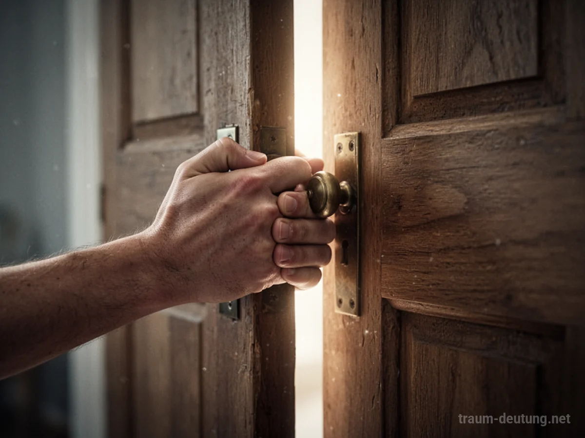 Hand schließt eine Holztür im Traum, Licht scheint durch den Spalt.