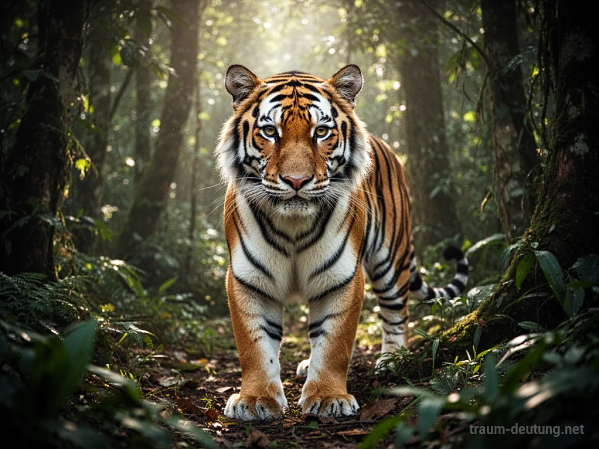 Ein majestätischer Tiger steht im Dschungel und blickt aufmerksam.